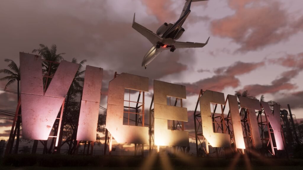 Official GTA VI Vice City screenshot showing a dense Leonida environment