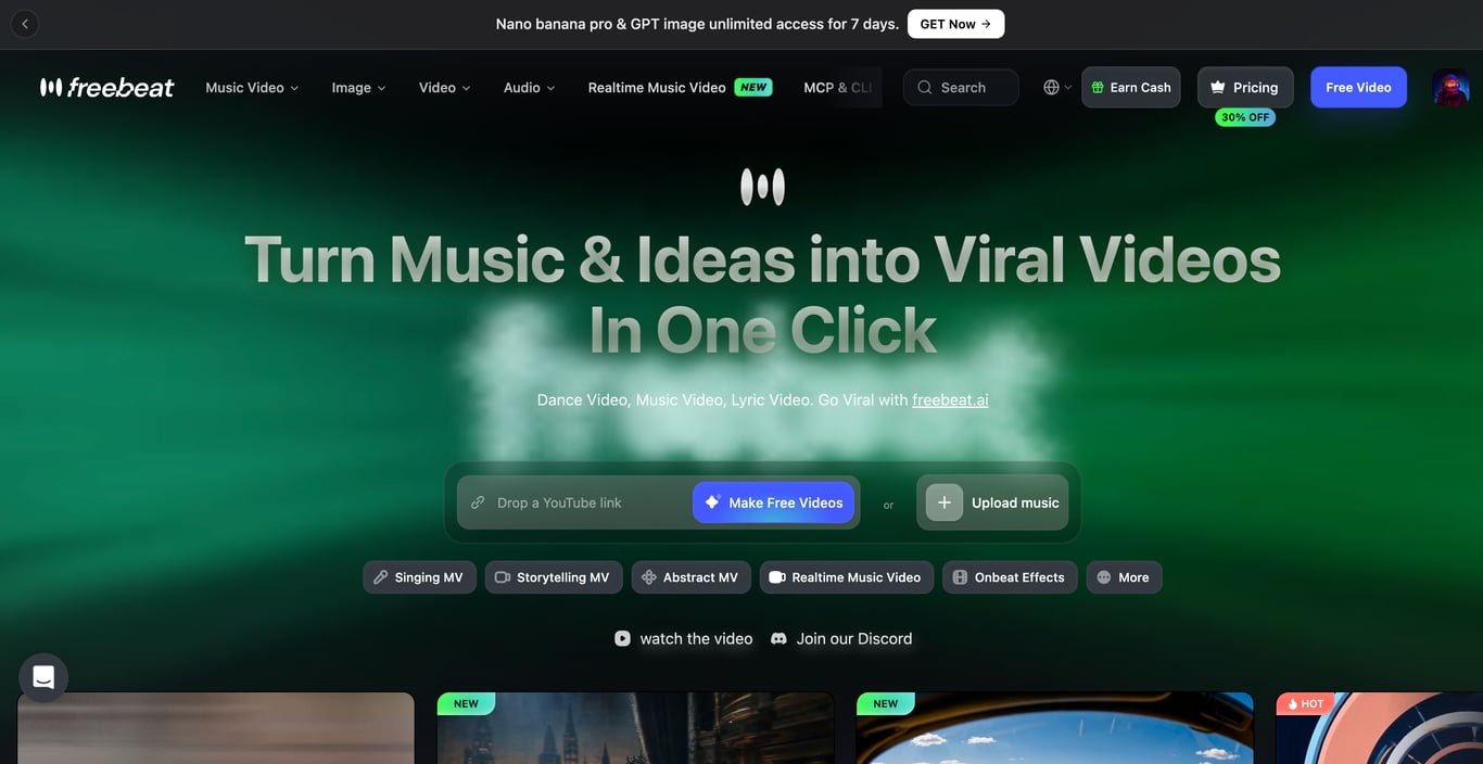 Freebeat AI music video generator interface showing Singing MV and Storytelling MV modes