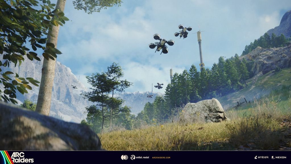 ARC Raiders official screenshot showing ARC machines near the mountain route in Live Update 1.45.0