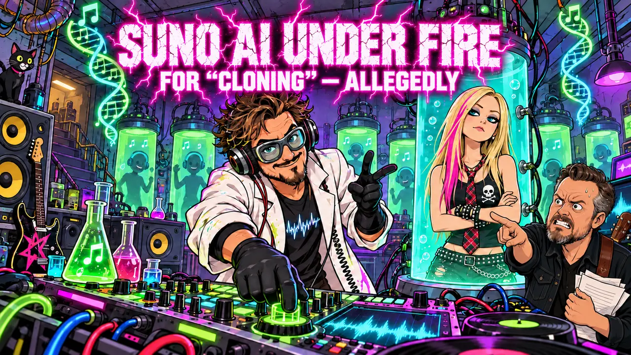 Suno AI lawsuits 2026 editorial illustration about cloning allegations and creator risk