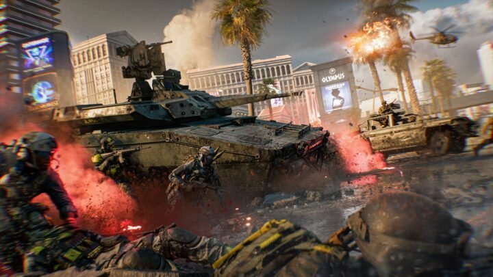 Battlefield 6 Season 5 soldiers fighting alongside tank in Las Vegas. Electronic Arts.