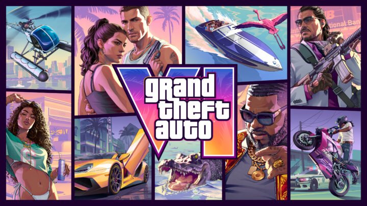 Official Grand Theft Auto VI poster art of Jason and Lucia, Rockstar Games.