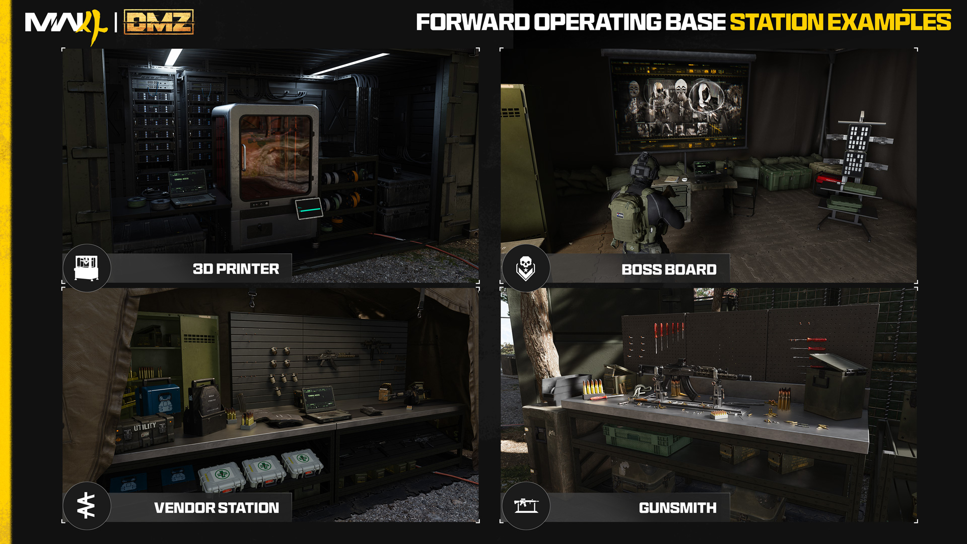 Official MW4 DMZ station interface. Your base management choices shape the risk you take into the Exclusion Zone.