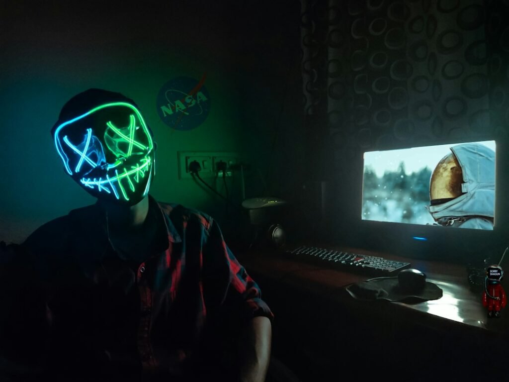 Neon gaming setup for MazHatterIX October 8 gaming and music event
